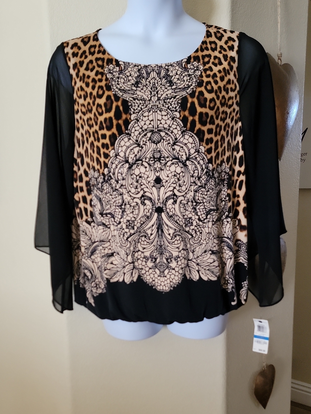 ALFANI Animal Lace Print Bubble Hem Top Black Brown Size XL NWT